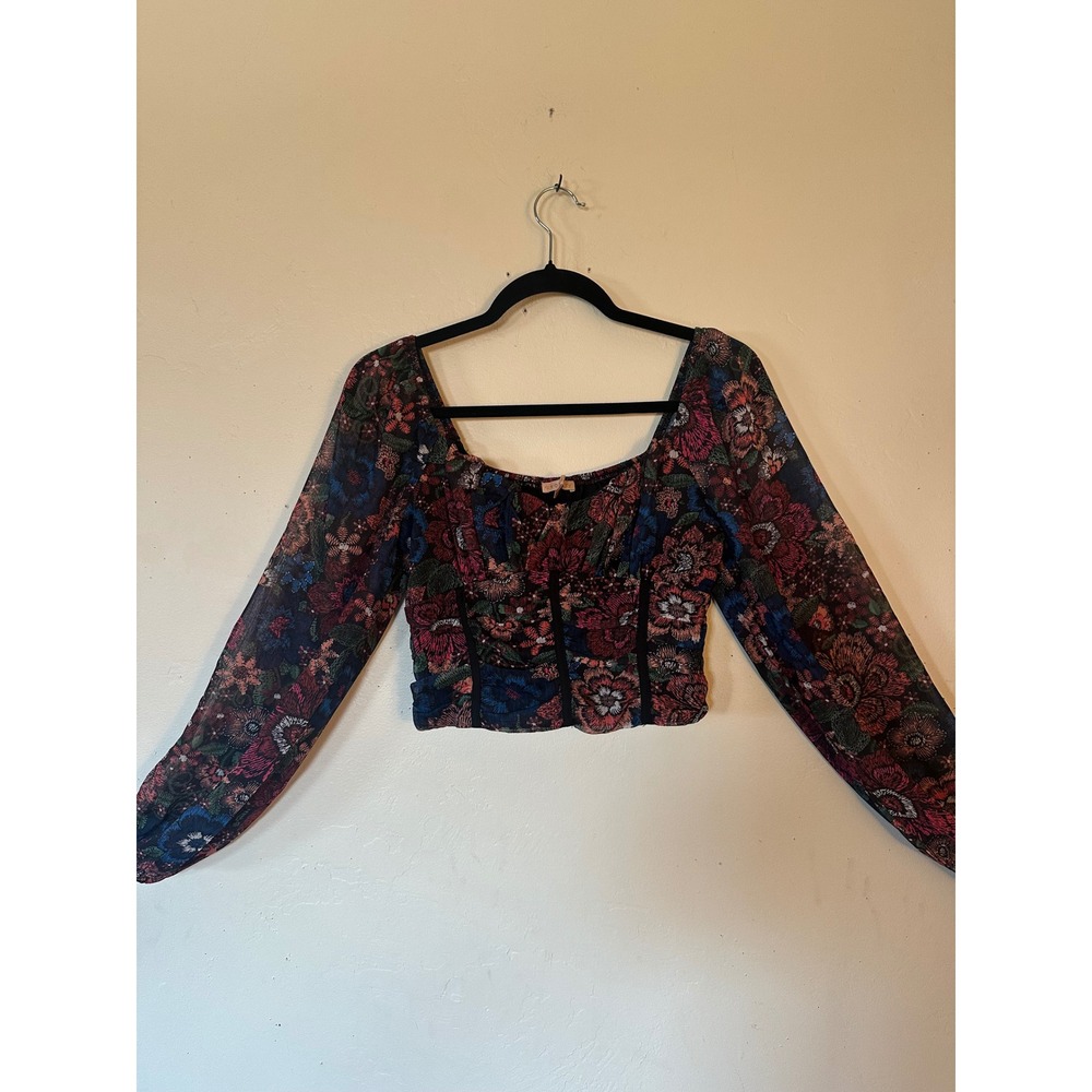 Evolutionary Floral Mesh Crop Top Long Sleeve Smocked Back Square Neck Womens M